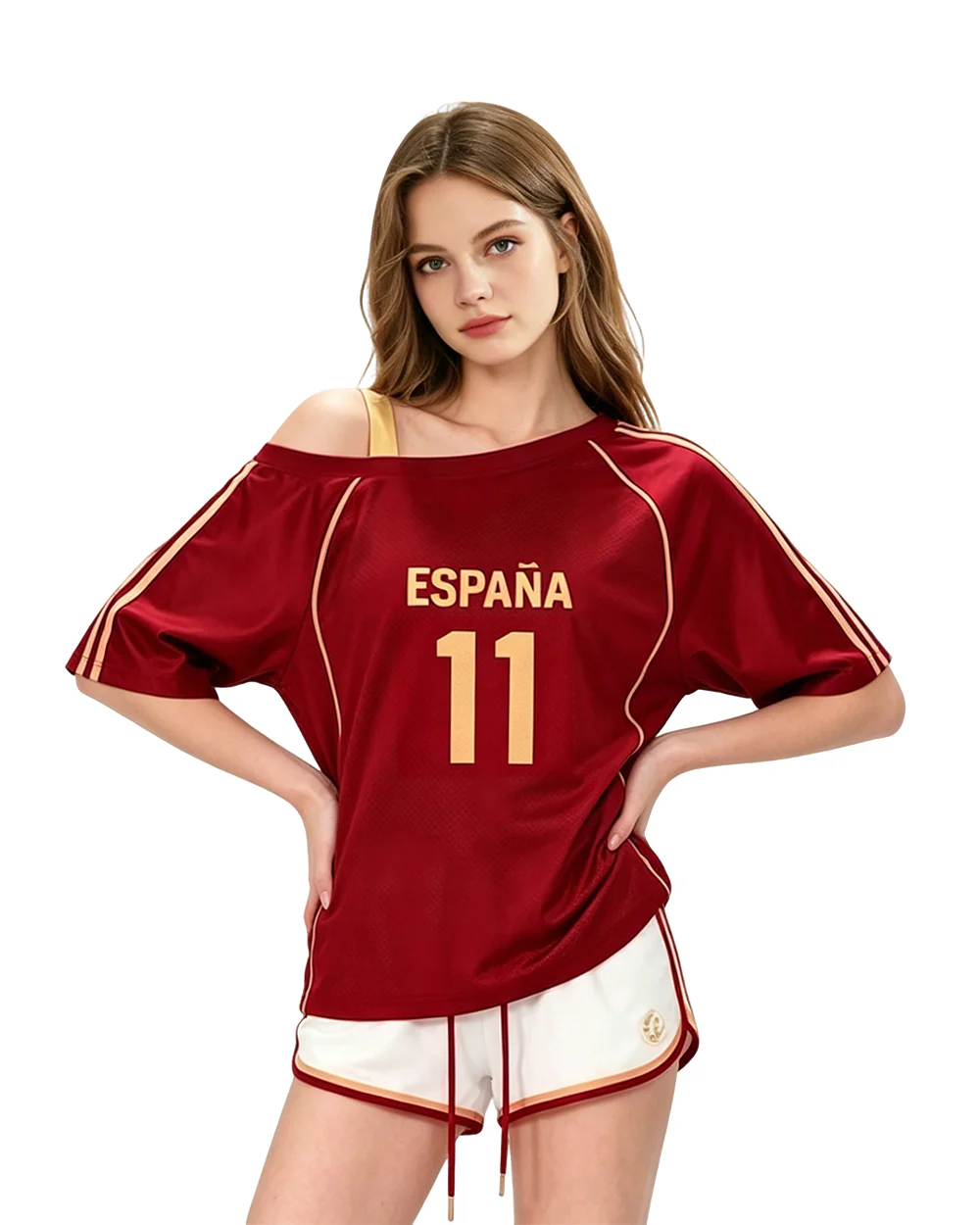 Women Spain Jersey Dark Red Off Shoulder Top for Football Game Day Sports Outfits and Streetwear - Image 12