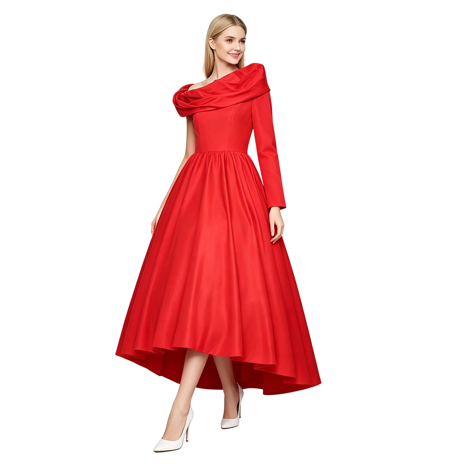 Women The Devil Miranda Gown Chief Editor Red One-Sleeve Off Shoulder Satin High Low Dress for Formal Events - Image 2