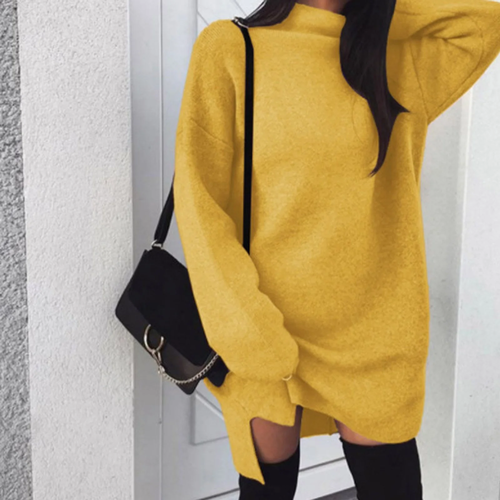 Women Winter Long Sleeve Mini Dress Casual Turtleneck Pullover Knee Length Sweatershirt - Image 3