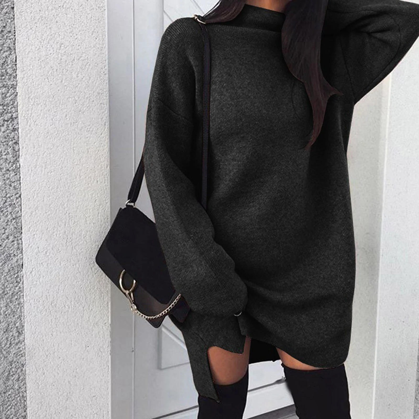 Women Winter Long Sleeve Mini Dress Casual Turtleneck Pullover Knee Length Sweatershirt - Image 6