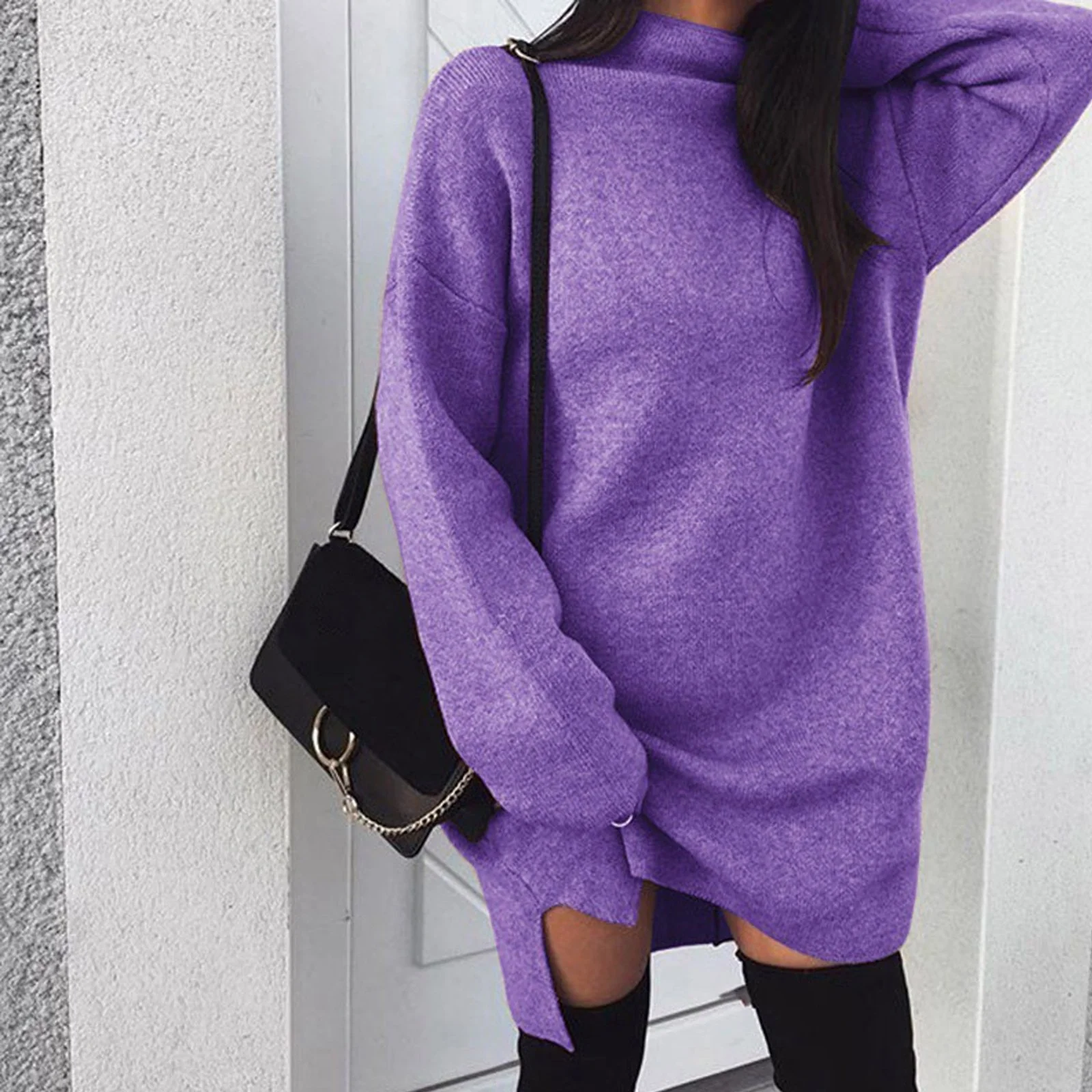 Women Winter Long Sleeve Mini Dress Casual Turtleneck Pullover Knee Length Sweatershirt - Image 8