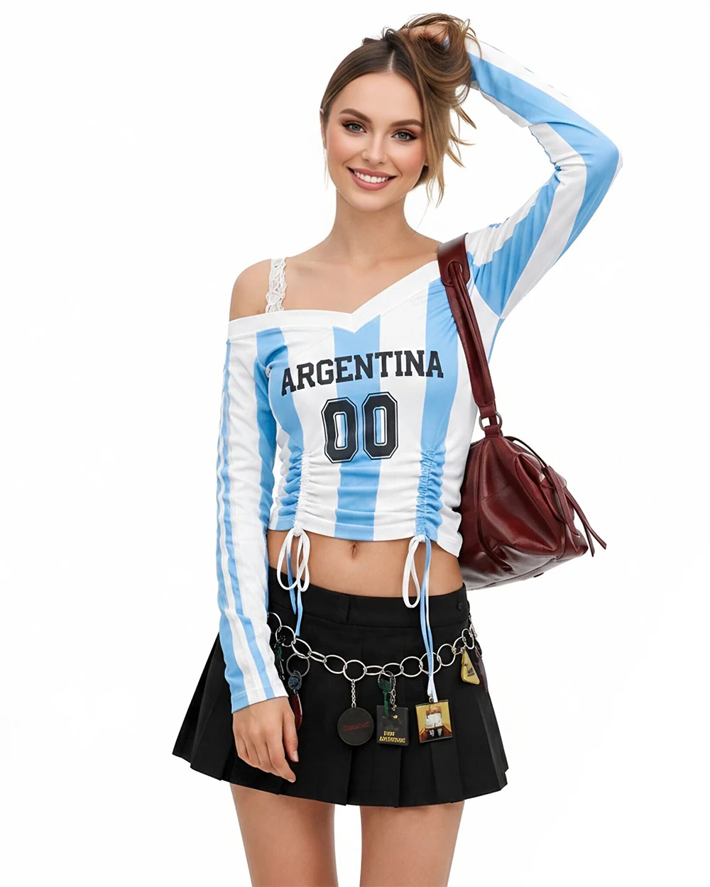 Women's Argentina Jersey Strappy Crop Top Sexy Lace Off Shoulder Ruched Shirt for Game Day - Image 2