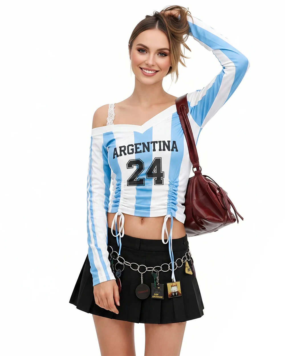 Women's Argentina Jersey Strappy Crop Top Sexy Lace Off Shoulder Ruched Shirt for Game Day - Image 8