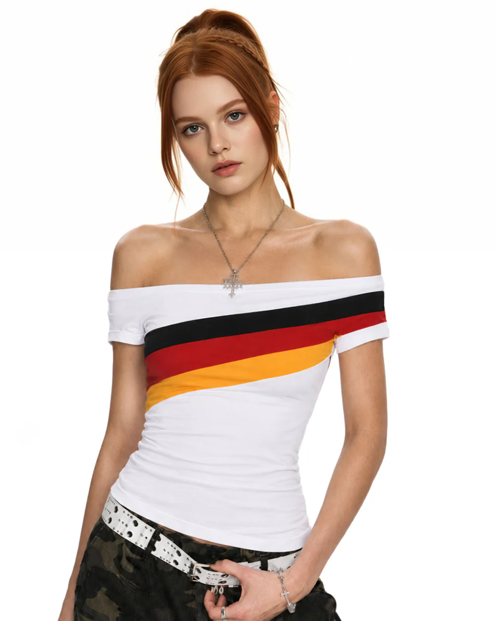 Women's German Football Jersey White Off Shoulder T-Shirt with Germany Team Color Stripes for Match Day Stadium Cheering
