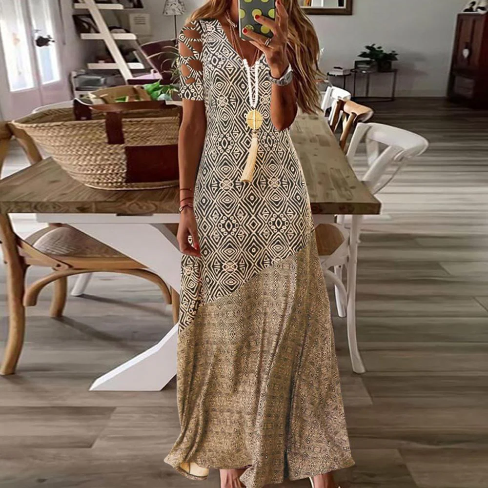 Yellow Geo Print V Neck Cut Out Short Sleeve Maxi Dress