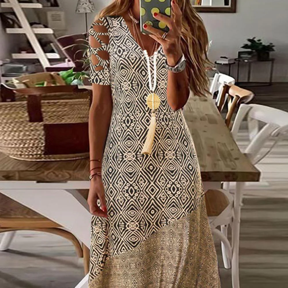 Yellow Geo Print V Neck Cut Out Short Sleeve Maxi Dress - Image 2